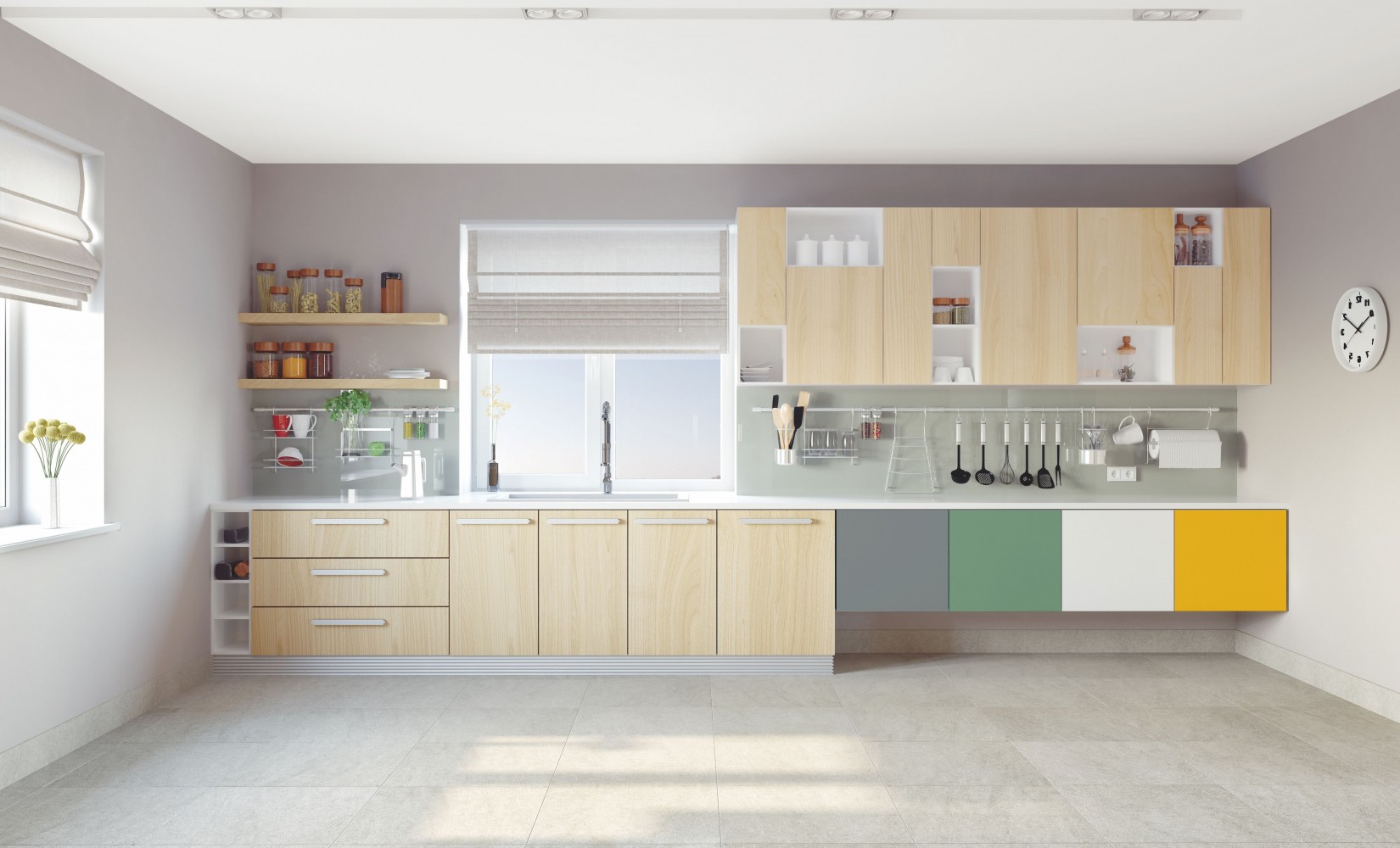 Cozinha moderna com armários de cozinha de madeira pintados